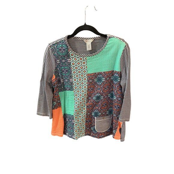 Multiples Womens Small Petites Cottagecore Patchwork Mixed Prints 3/4 Sleeve Pul - Picture 1 of 3